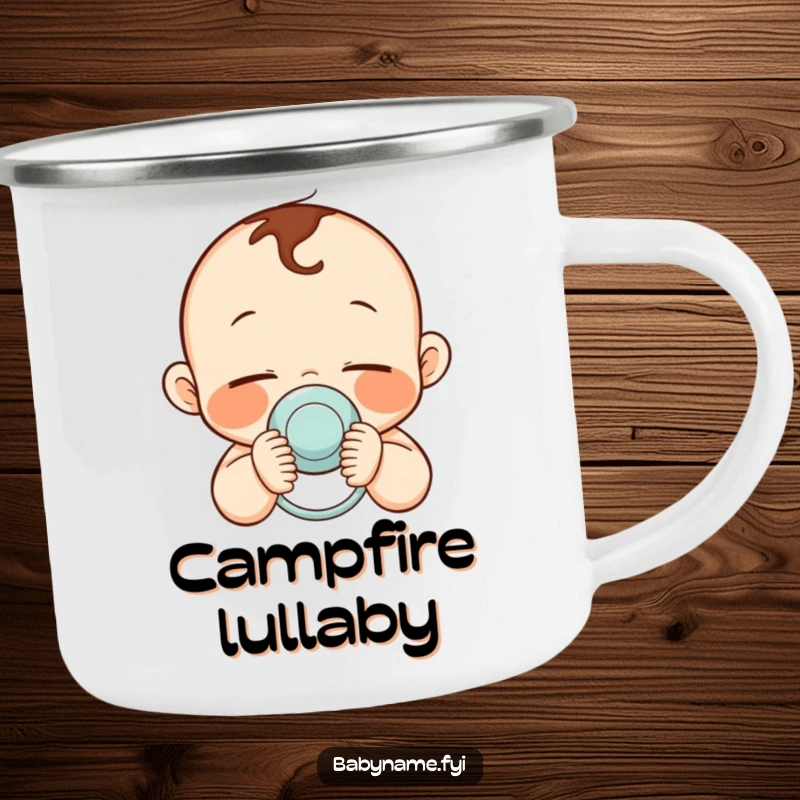 Funny camping mug featuring a sleepy baby with rosy cheeks holding a pacifier, for peaceful outdoor moments.