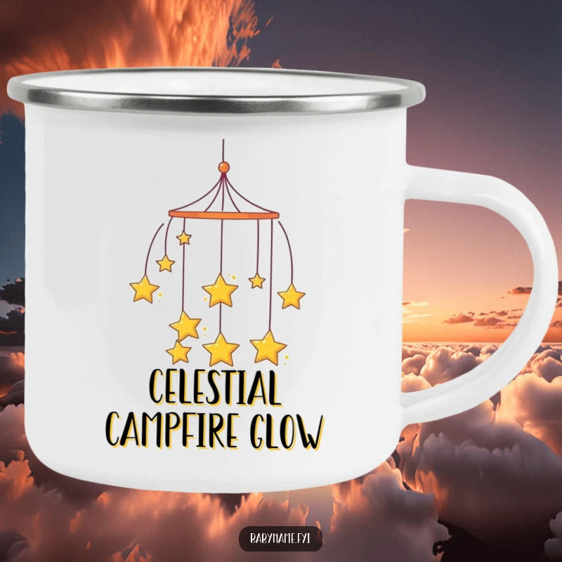 Funny curious mobile camping mug, with hanging stars spinning slowly, ideal for outdoor drinks.