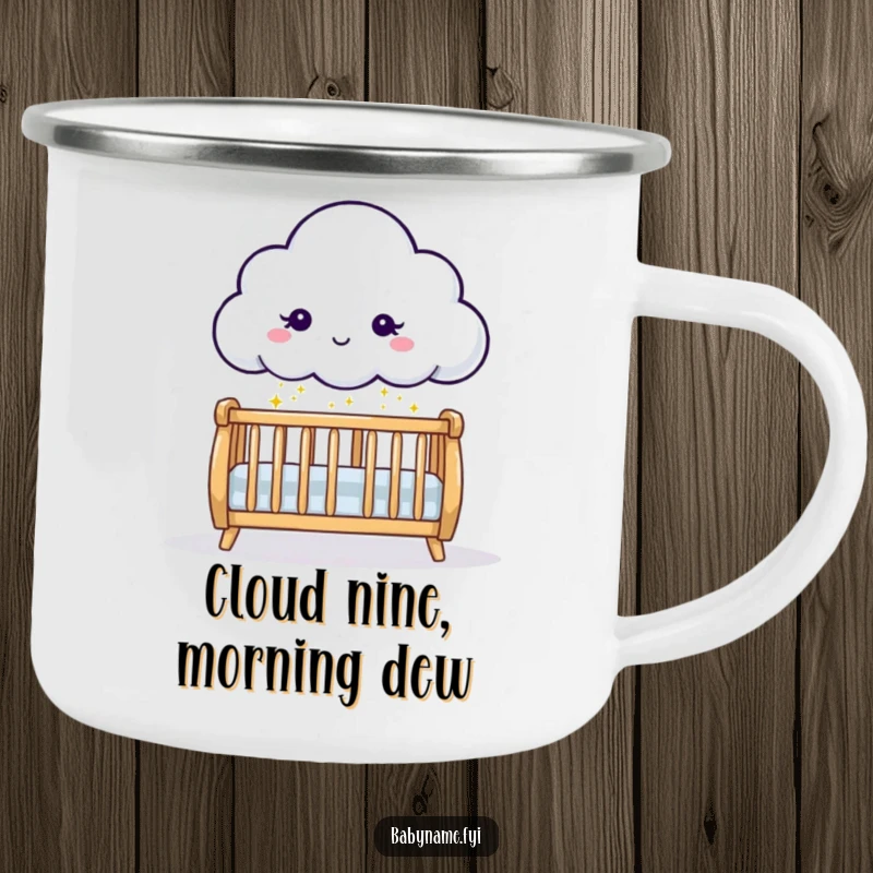 Funny cloud character sprinkling gentle sparkles onto a crib, featured on a sturdy camping mug for outdoor adventures and baby gifts.