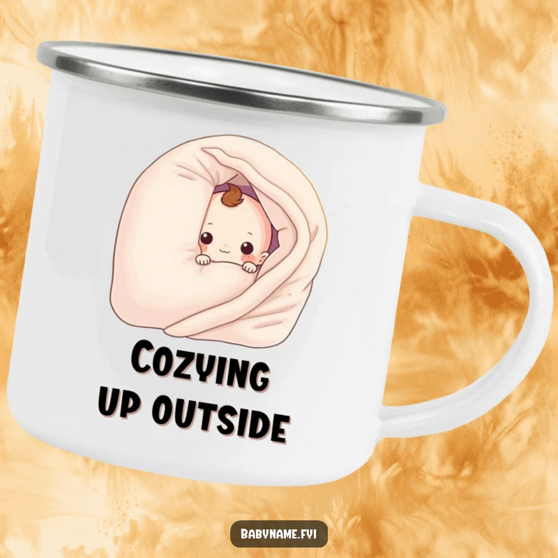 Funny baby blanket character peeking from behind a pillow, on a sturdy camping mug. A humorous and portable item.