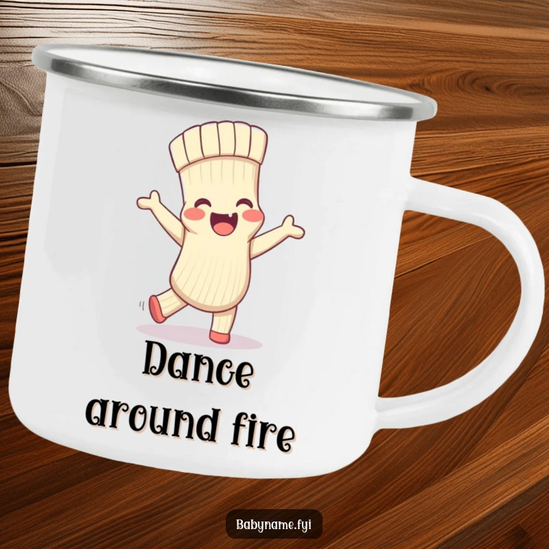 Funny camping mug featuring a delighted baby sock doing a silly dance, perfect for enjoying beverages during outdoor excursions.