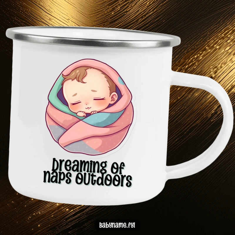 Funny camping mug showcasing a sleeping baby character, perfect for sipping hot cocoa by the campfire.