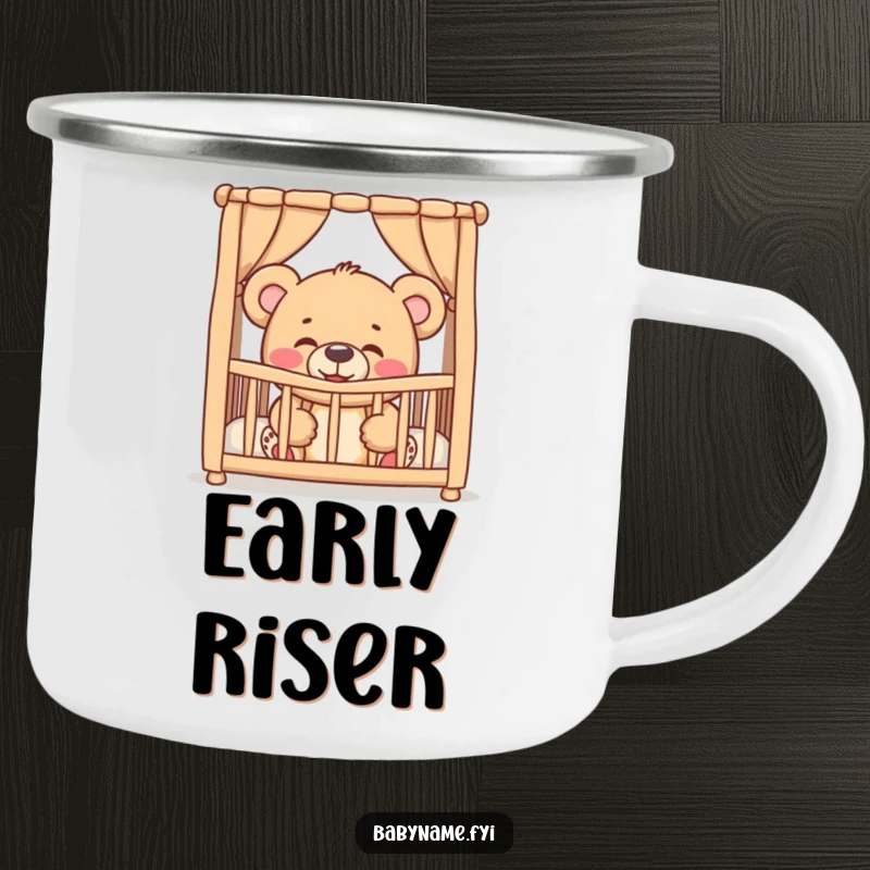 Funny giggling teddy bear peeking from a crib, on a rugged camping mug, perfect for enjoying beverages with baby-themed humor.