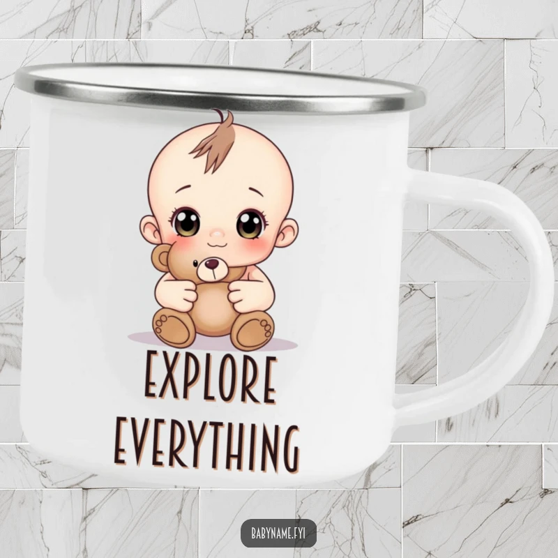 Funny baby with curious eyes holding a teddy bear, a durable and funny camping mug.