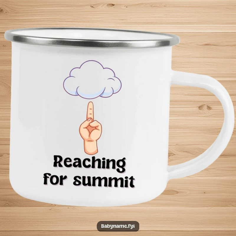 Funny camping mug featuring a tiny hand reaching for a cloud, designed for adventurers with a dreamy outlook.