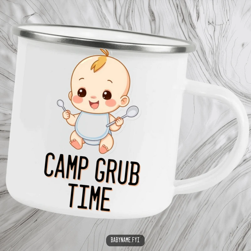 Funny baby camping mug with a smiling baby character wearing a bib and holding a spoon. Durable and humorous for parents who love cute things.