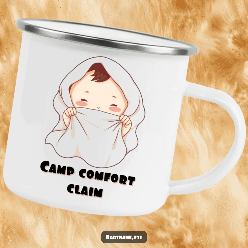 Funny baby blanket camping mug with tiny hands playing tug with a soft blanket, perfect for humorous outdoor parenting.