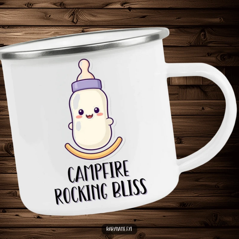 Funny baby bottle camping mug with a smiling face, gently rocking, symbolizing comfort and care for outdoor adventures.