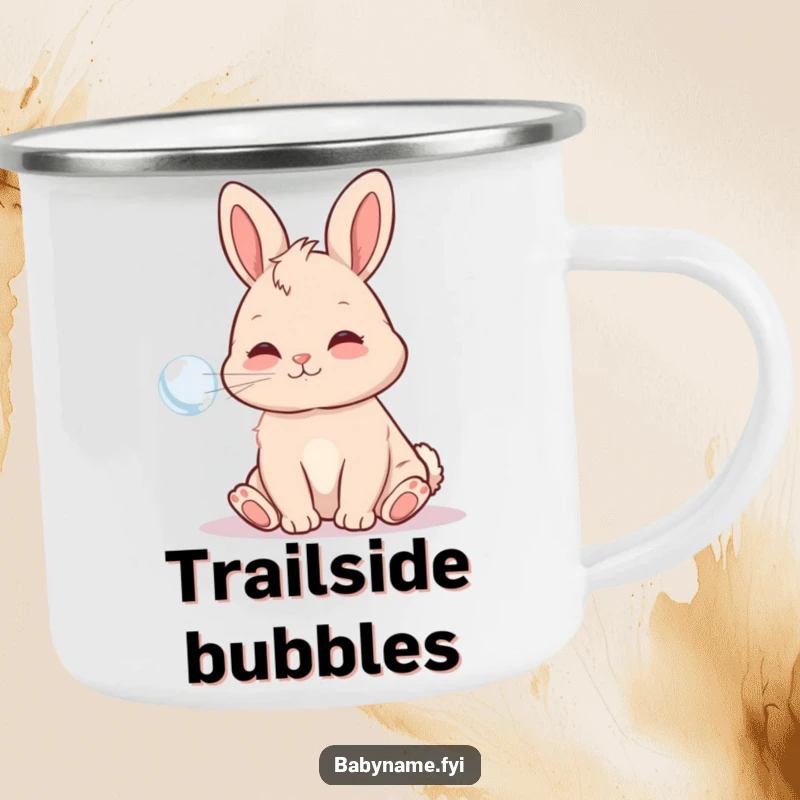 Funny Camping Mug featuring a playful baby bunny blowing a bubble, ideal for outdoor adventures and lovers of cute designs.