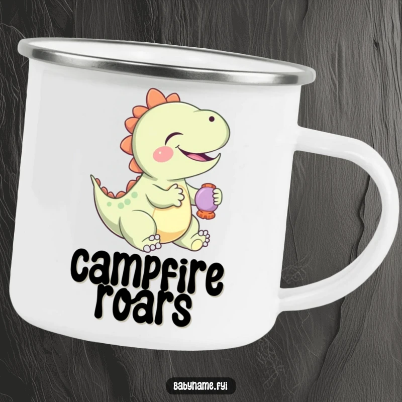 Funny Camping Mug featuring a giggling baby dinosaur playing with a rattle, ideal for outdoor adventures and lovers of prehistoric designs.