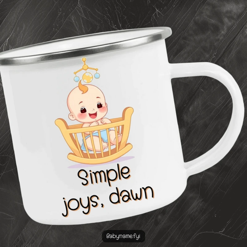 Funny camping mug with a smiling baby reaching for a colorful mobile above a crib, perfect for outdoor relaxation.