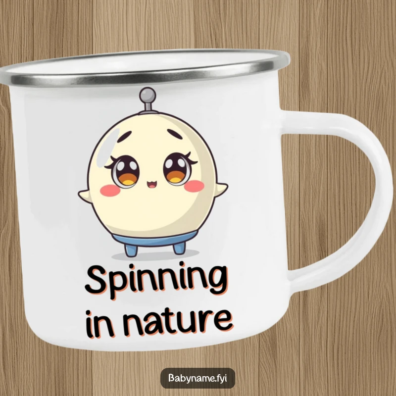 Funny baby mobile camping mug showing a mobile spinning with wide, surprised eyes, a durable and humorous mug for outdoor fun.