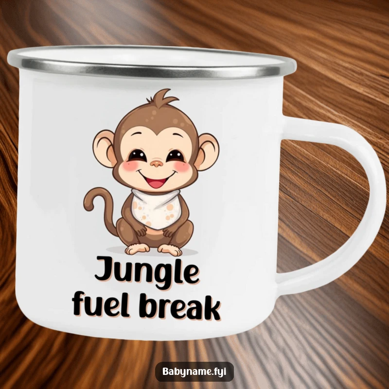 Funny smiling baby monkey in a bib, adorably messy with smudges, designed for outdoor fun on this humorous camping mug.