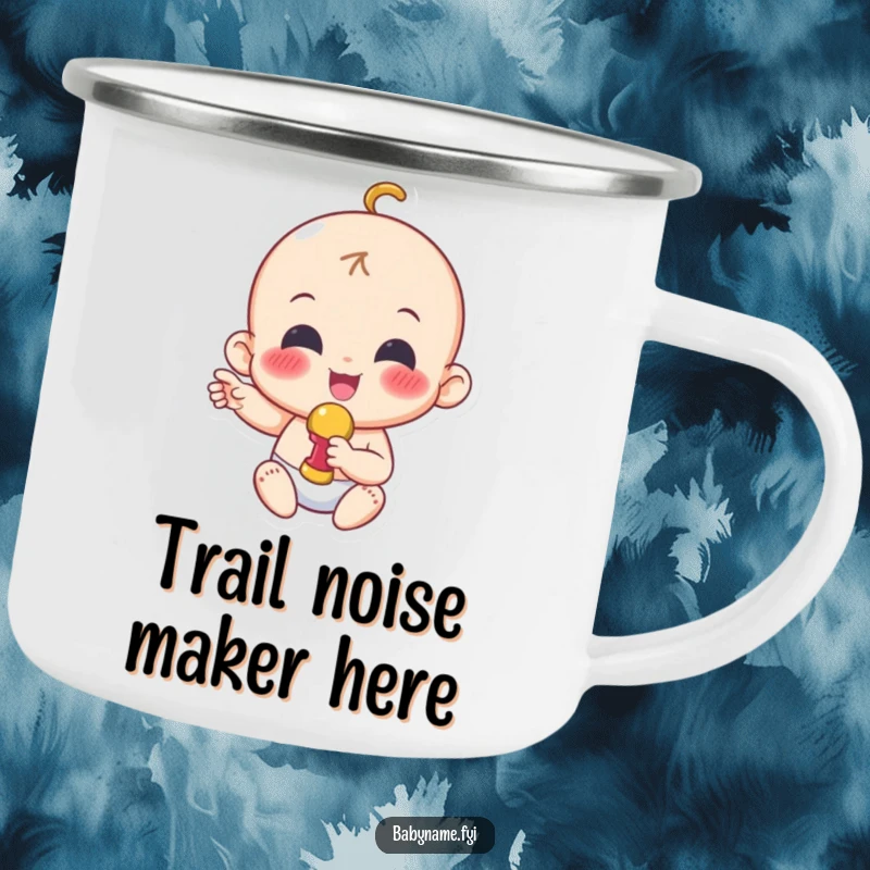 Funny camping mug with a cheerful baby character shaking a rattle, ready for outdoor fun and happy sips.