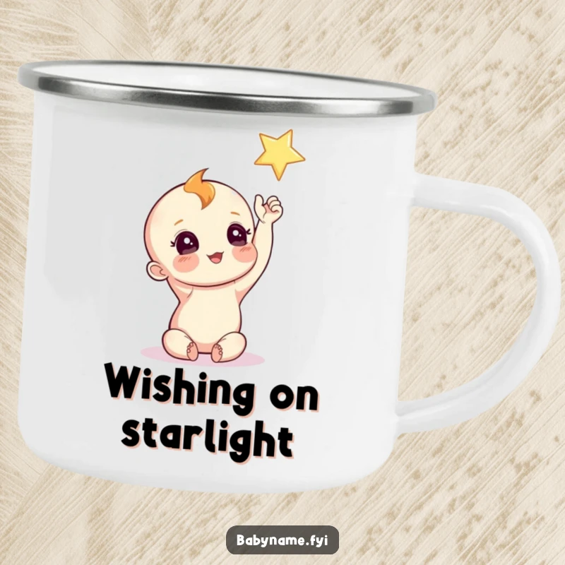 Funny Baby Star Camping Mug showing a curious baby reaching for a twinkling star, perfect for dreamers.