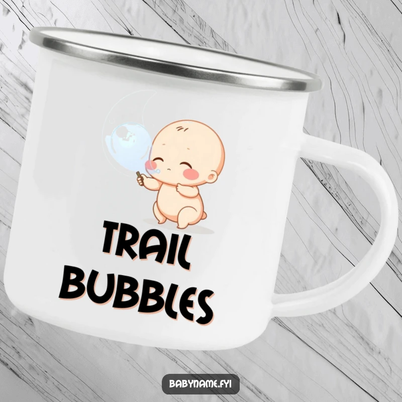 Funny camp baby bubble mug, a rugged enamel cup featuring a chubby baby character blowing a large bubble.
