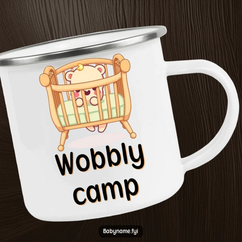 Funny camping mug featuring a playful crib railing with a wobbly leg, symbolizing the relatable chaos of parenting.