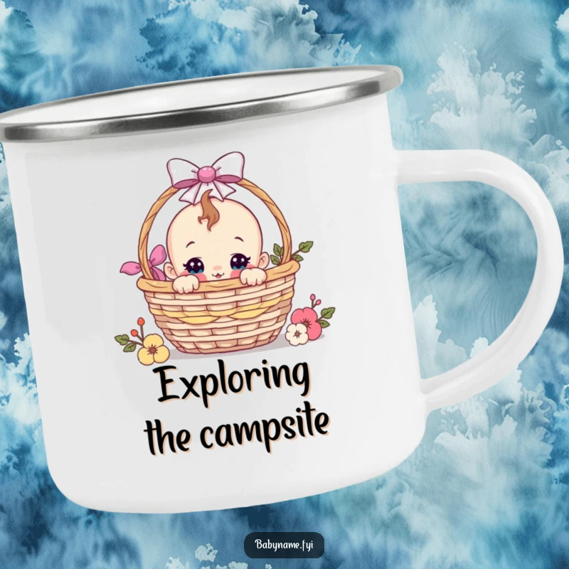 Funny baby peeking from a gift basket design on a durable camping mug, ideal for enjoying beverages with humorous curiosity.