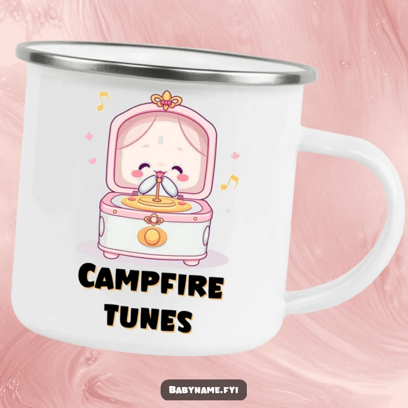 Funny camping mug featuring a cheerful lullaby music box playing merrily, perfect for enjoying beverages during outdoor excursions.