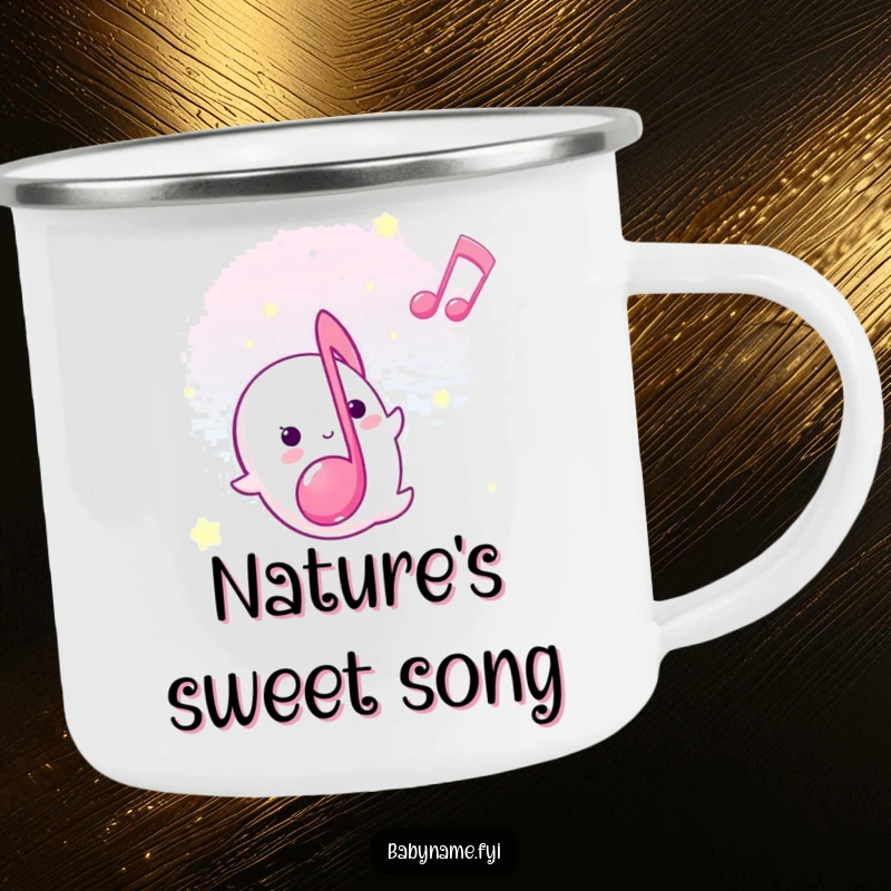 Funny lullaby musical note camping mug, floating gently upward, bringing sweet, humorous melodies to the outdoors.