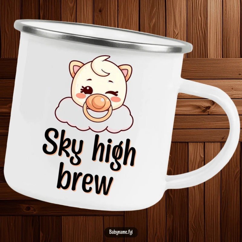 Funny Pacifier Cloud Camping Mug: Mischievous winking pacifier character floating on a cloud, ideal for outdoor relaxation.