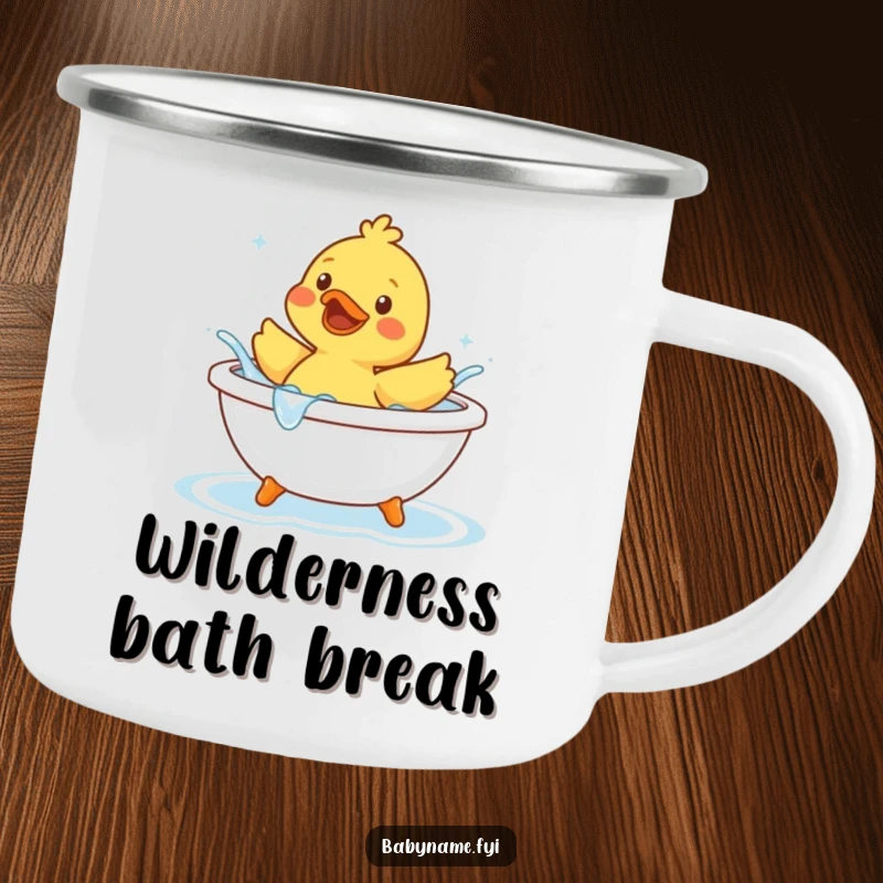 Funny rubber duck character joyfully splashing water in a tiny bathtub, featured on a durable camping mug for outdoor fun.