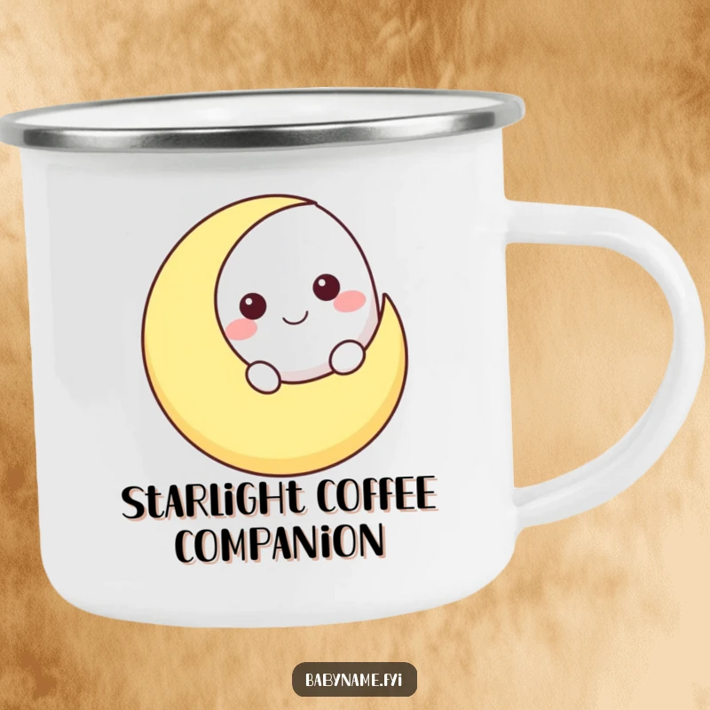 Funny smiling moon character peeking over a crescent moon shape, featured on a durable camping mug for outdoor celestial enjoyment.