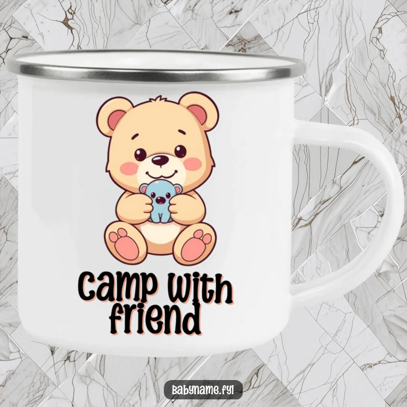Funny camping mug featuring a happy teddy bear holding a tiny toy, perfect for enjoying beverages during outdoor excursions.