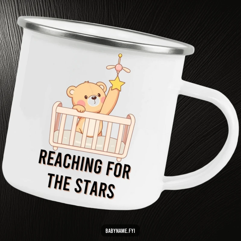 Funny teddy bear in a crib reaching for a mobile, featured on a sturdy camping mug. A humorous and portable gift.