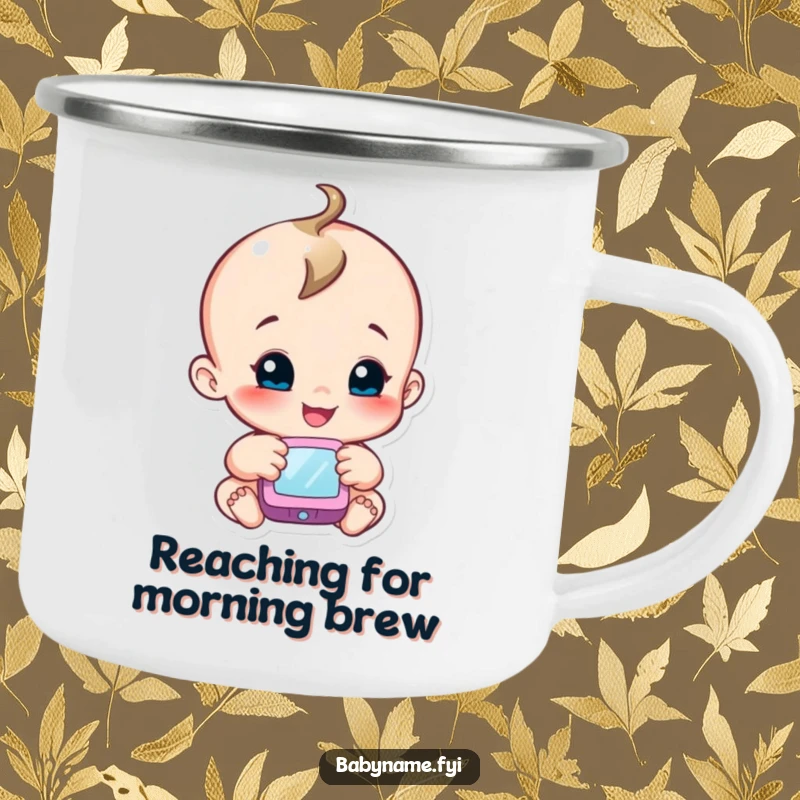 Funny camping mug with a smiling baby character reaching for a mobile, perfect for sipping your favorite beverage.