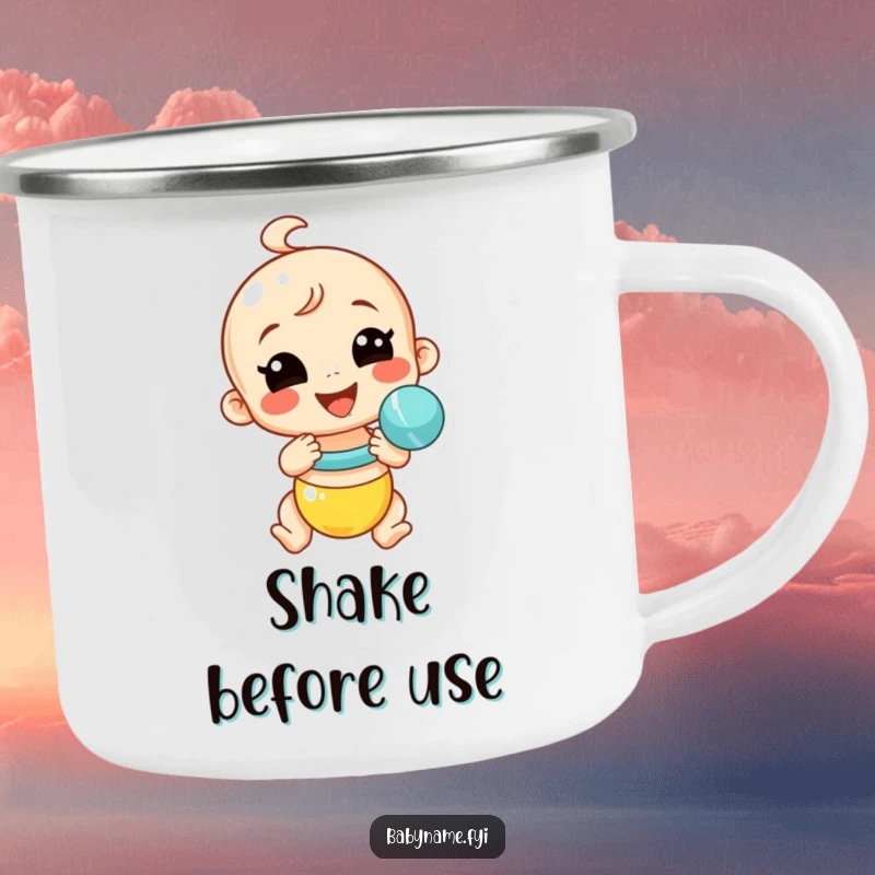 Funny baby rattle camping mug showing a smiling rattle shaking energetically, a durable and humorous mug for outdoor fun.