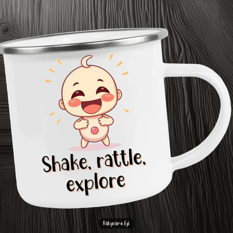 Funny baby rattle character shaking with exaggerated glee, depicted on a sturdy camping mug. A humorous and portable item.