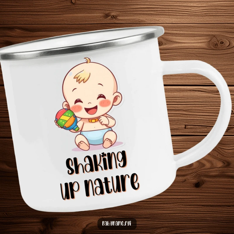 Funny camping mug featuring a happy baby character shaking a colorful rattle. Durable and joyful for outdoors.