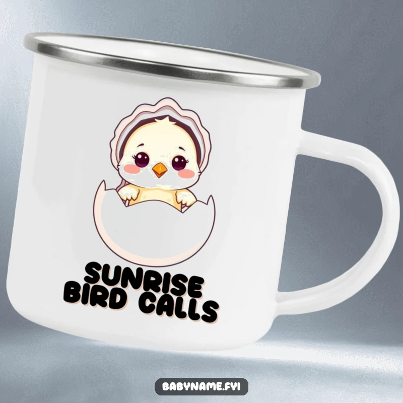 Funny Baby Bird Camping Mug showing a cute baby bird in a bonnet peeking from an egg, perfect for outdoor enjoyment and charm.