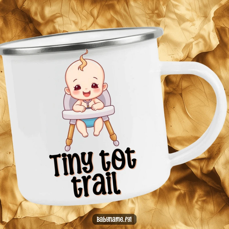 Funny Happy Baby Camping Mug featuring a cute baby sitting happily in a cozy high chair, perfect for outdoor brews and smiles.