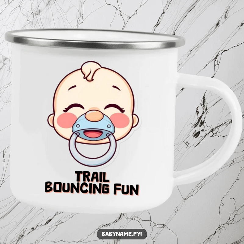 Funny pacifier camping mug showing a giggling pacifier bouncing with delight, a durable and humorous mug for outdoor fun.