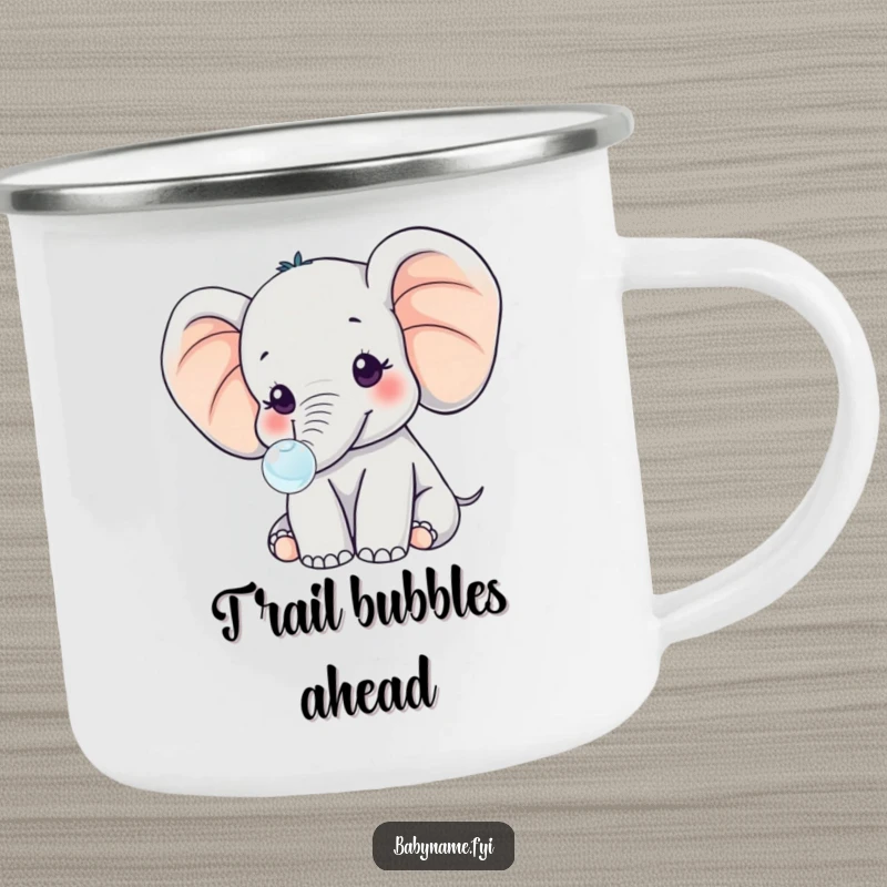 Funny kawaii baby elephant with large ears, blowing a delicate bubble, designed for outdoor fun on this humorous camping mug.