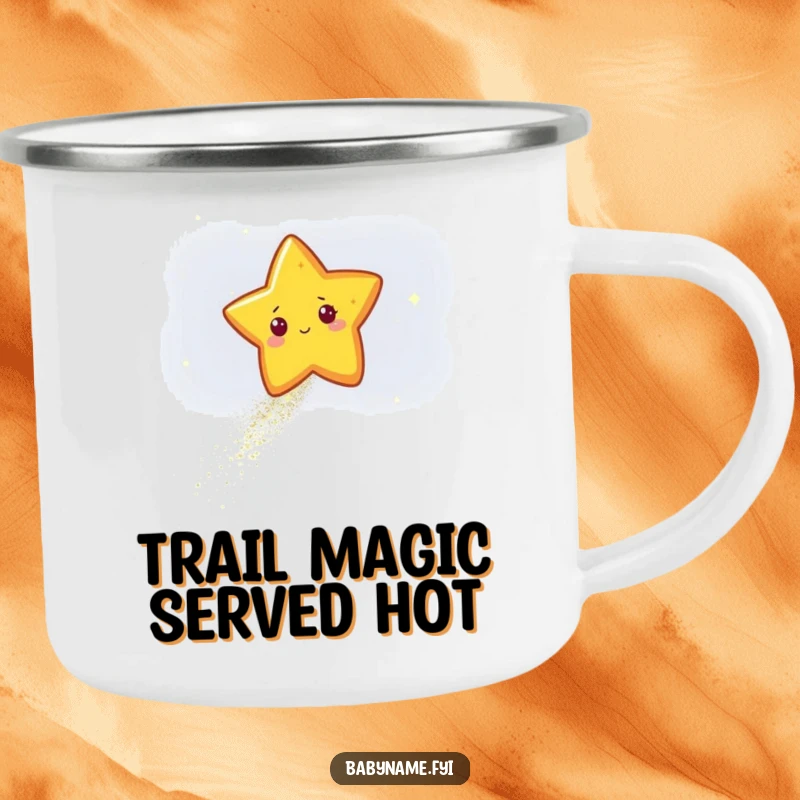 Funny star character leaving a sparkling trail of glitter across a dark sky, featured on a durable camping mug for outdoor adventures.