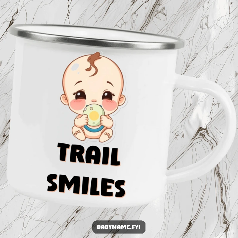 Funny camp baby smile mug, a rugged enamel cup featuring a giggling baby character holding a pacifier and smiling.