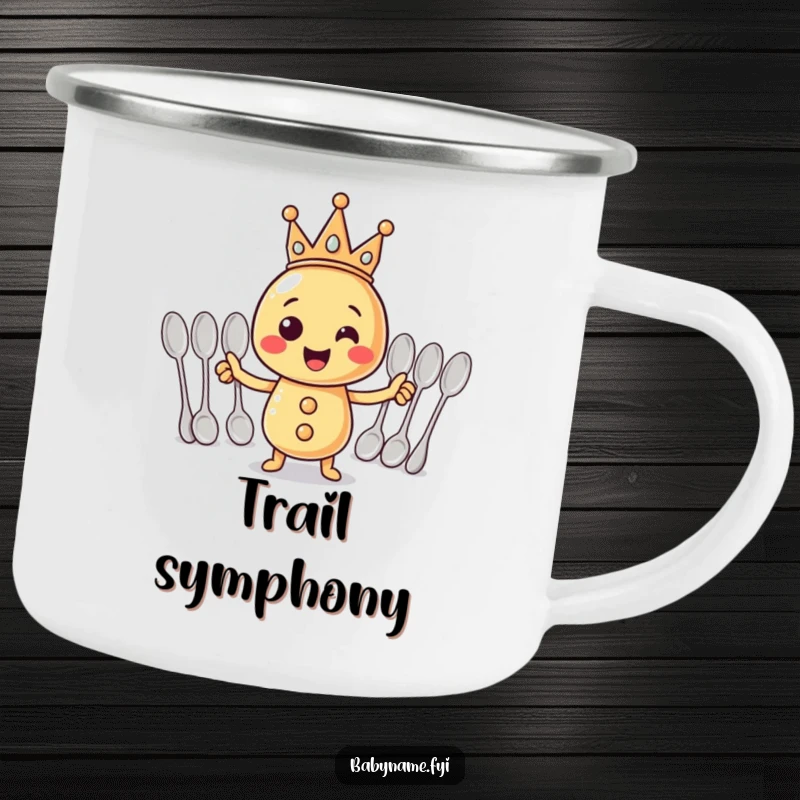 Funny Camping Mug: A crowned rattle conducting spoons, ideal for humorous outdoor sipping.