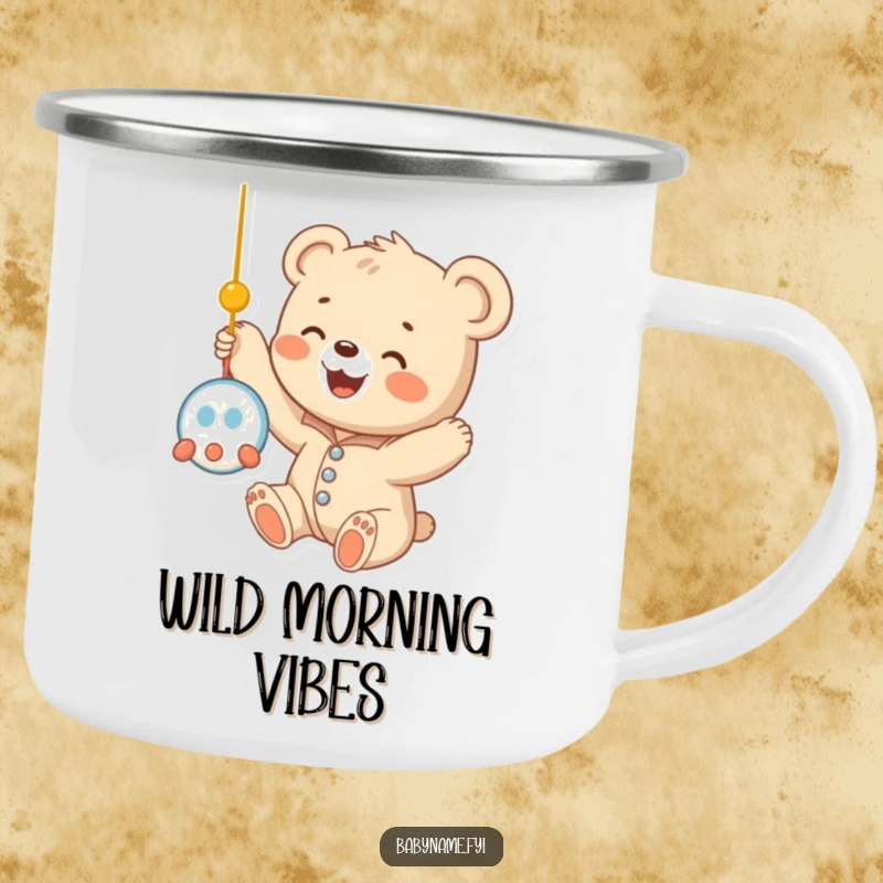 Funny baby bear cub in a onesie, reaching for a suspended mobile, perfect for outdoor enjoyment on this sturdy and humorous camping mug.