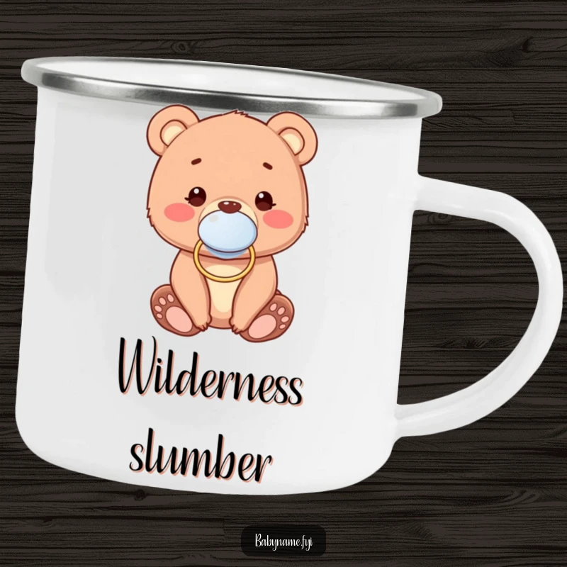 Funny Camping Mug featuring a cute baby bear cub with a pacifier, ideal for outdoor adventures and lovers of adorable designs.