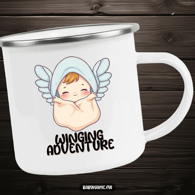 Funny baby blanket camping mug showing a cute blanket flapping like wings, a durable and humorous mug for outdoor fun.