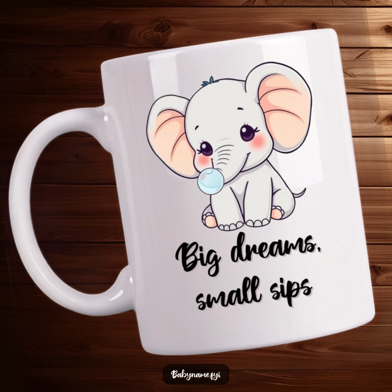 Funny kawaii baby elephant with huge ears, blowing a tiny iridescent bubble, radiating pure joy on this delightful mug.