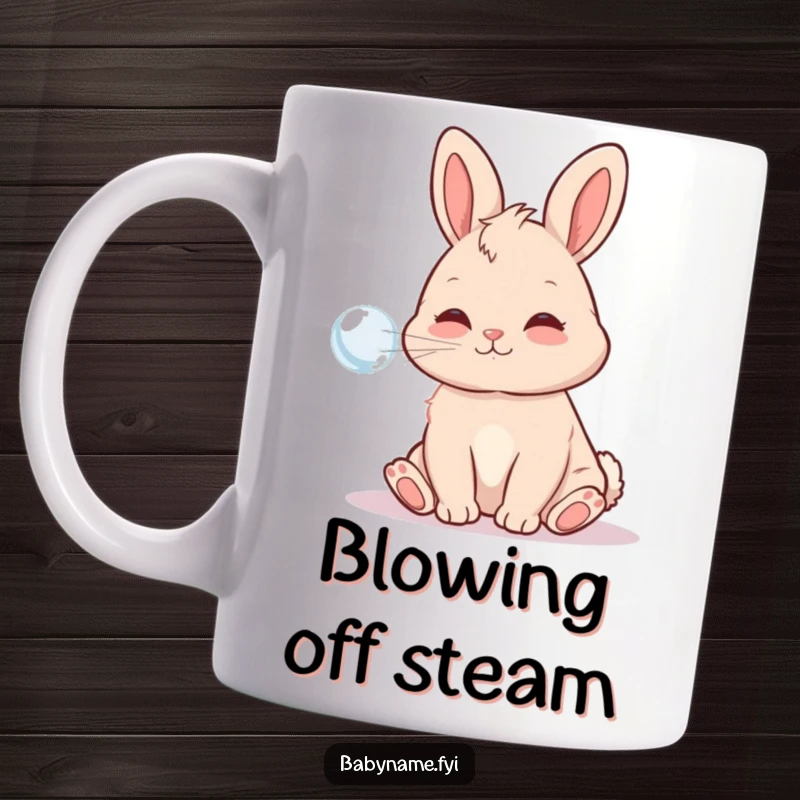 Funny Ceramic Mug featuring a playful baby bunny blowing a big, colorful bubble, radiating sweetness and lighthearted humor.