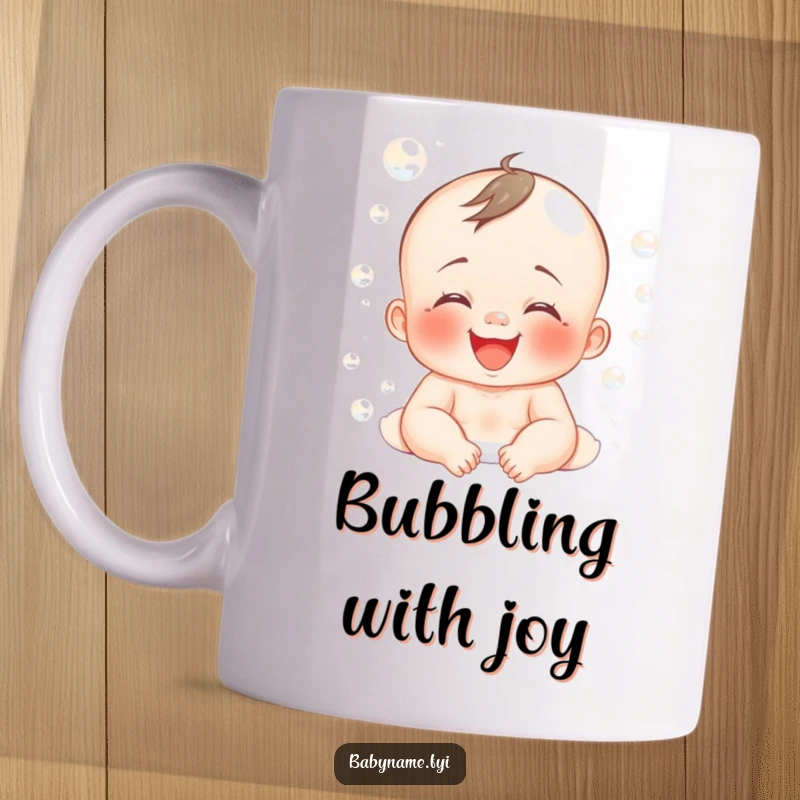 Funny mug showing a baby covered in bubbles, laughing joyfully during bath time, symbolizing pure delight.