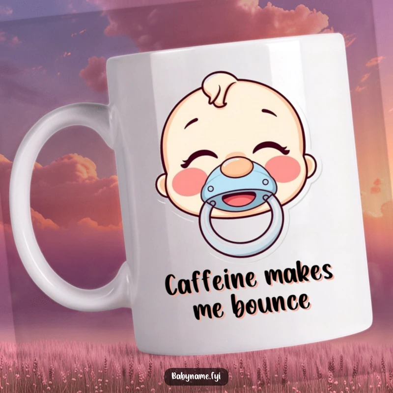 Funny pacifier mug showing a giggling pacifier joyfully bouncing, a humorous image of pure, unadulterated baby delight.