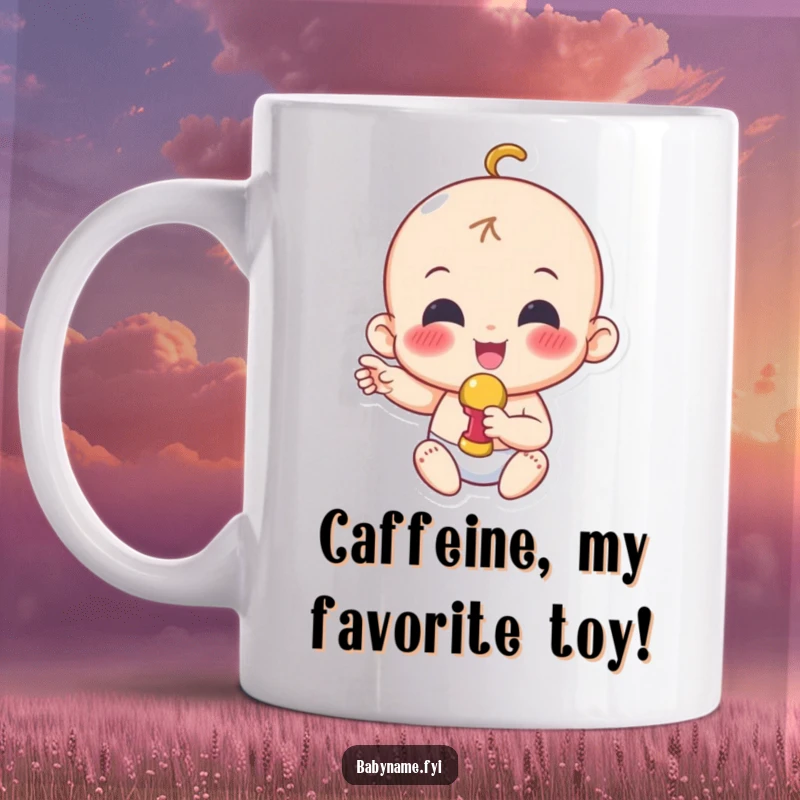 Funny cheerful baby mug showing a happy infant character enthusiastically waving a colorful rattle with pure delight.
