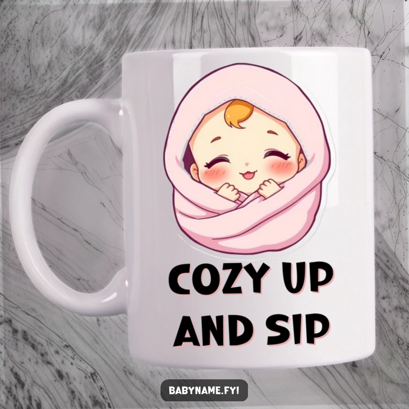 Funny mug featuring a contented baby character wrapped in a soft blanket, smiling peacefully. Perfect gift.