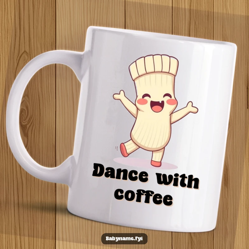 Funny mug with a delighted baby sock energetically doing a silly dance, radiating pure joy and playful mischief.